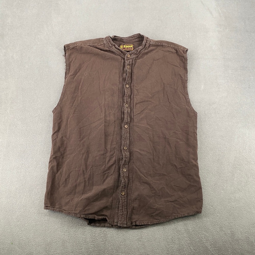 Artesanias Ishka Mens XL Brown Cotton Sleeveless Band Collar Button Down Shirt